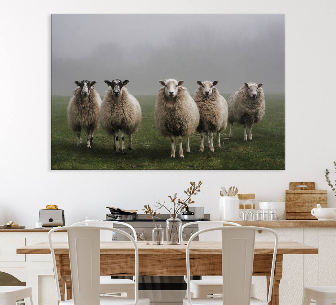 The Flock of Sheep in a Mystical Fog canvas print is framed and ready to hang.