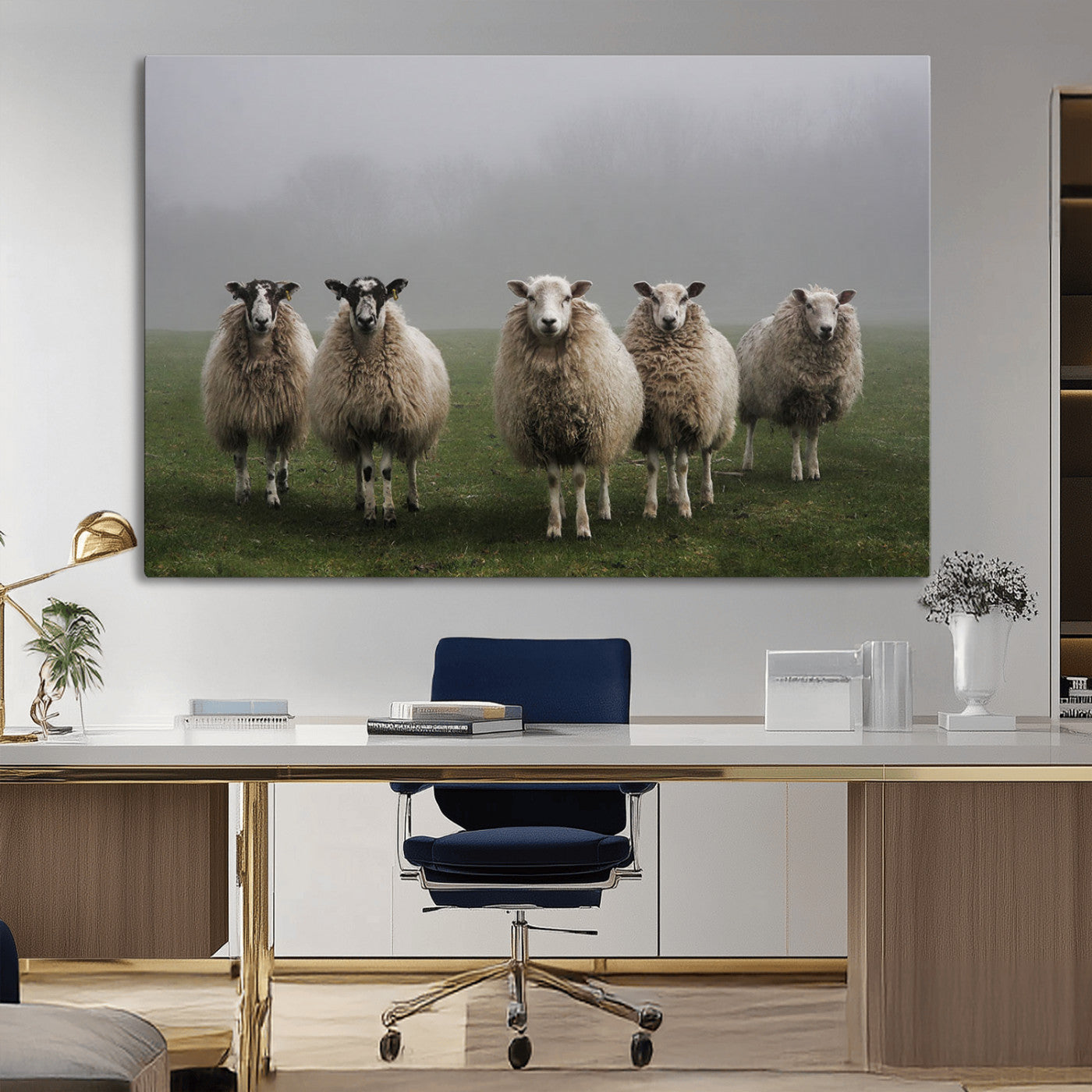 -Flock of Sheep in a Mystical Fog – Pastoral Wall Art Canvas Print, Framed, Ready to Hang