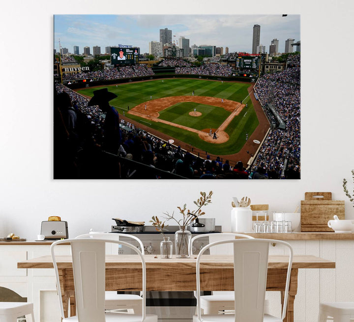 Admire this museum-quality canvas print of a Chicago Cubs game with a cityscape view from the stands at Wrigley Field.