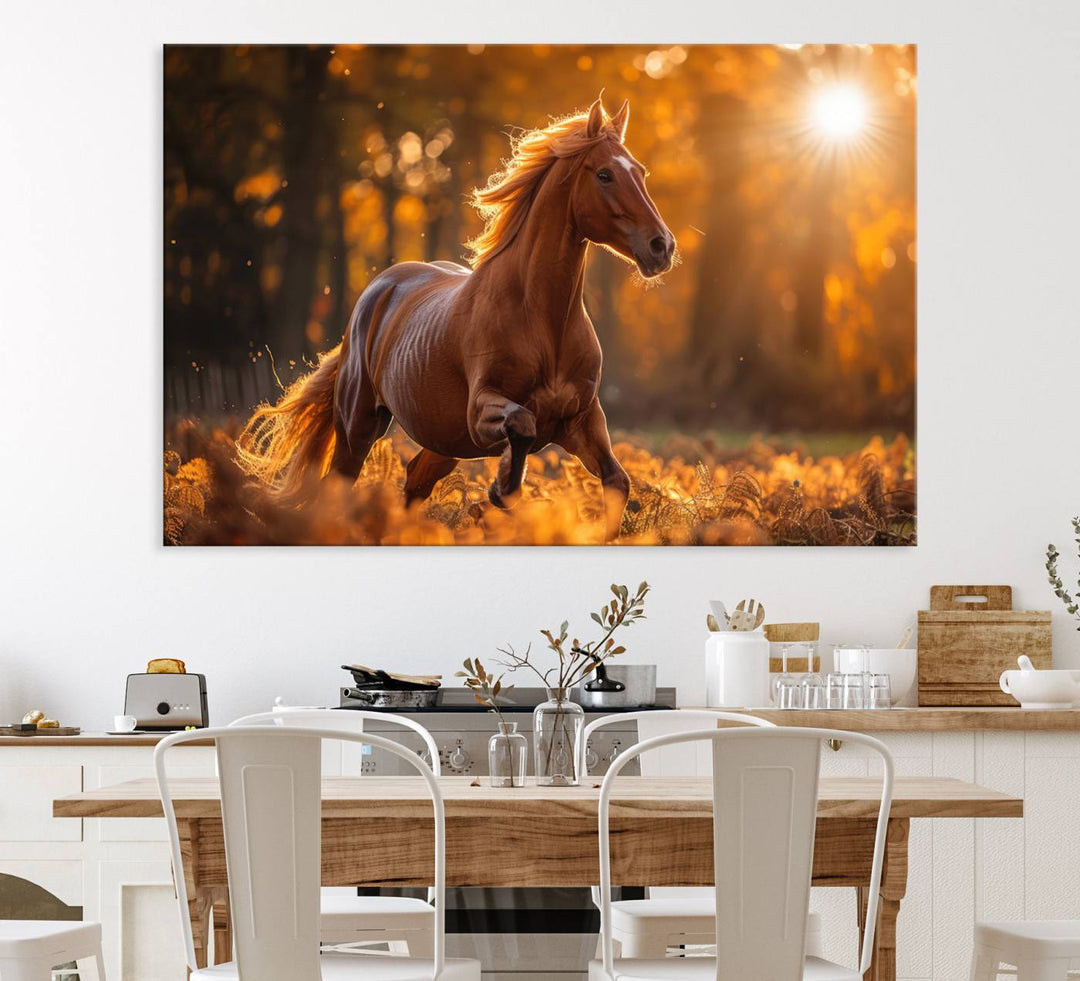 The Running Horse Sunset Forest Wall Art Canvas Print showcases a gallop in an autumn forest with sunlight streaming through the trees.