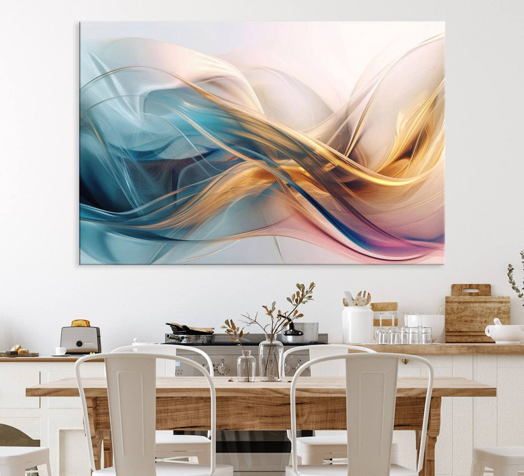 Abstract Flowing Colors Wall Art featuring blue, gold, and pink adds modern elegance to the space.