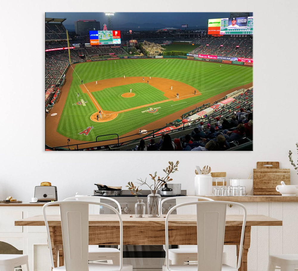 The Angel Stadium Aerial View canvas print of an Angels baseball game is showcased.