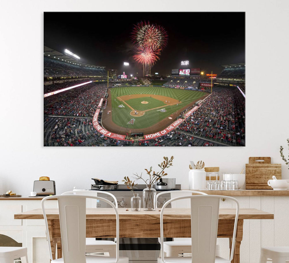 Fireworks at Angel Stadium – LA Angels Night Game Canvas Print, framed and ready to hang.