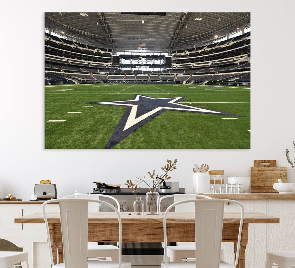 AT&T Stadium Dallas Cowboys Canvas Print displayed above a dining table.