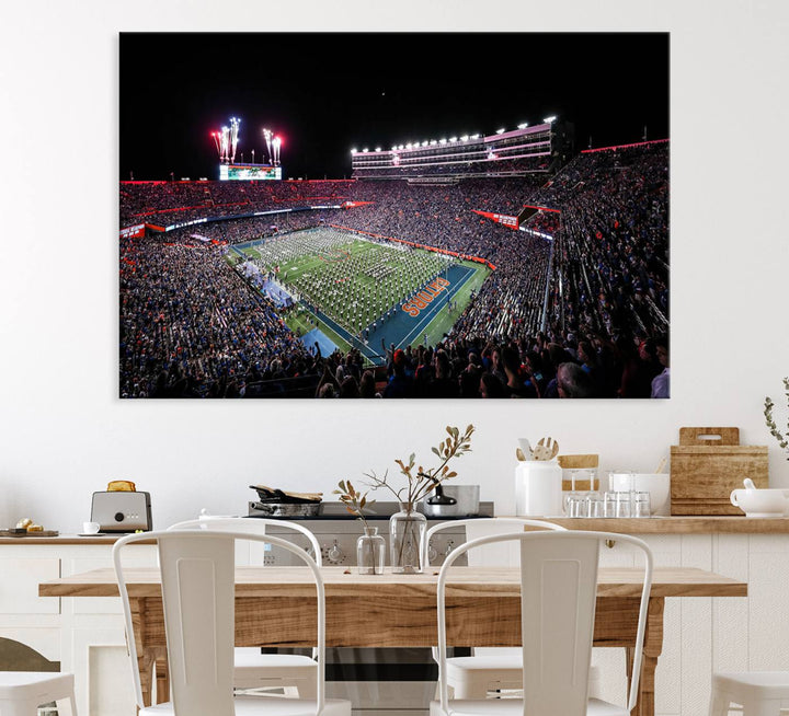 The Gators Night Game Canvas Art captures a lively night at Ben Hill Griffin Stadium with vibrant fireworks and the energy of a live band.