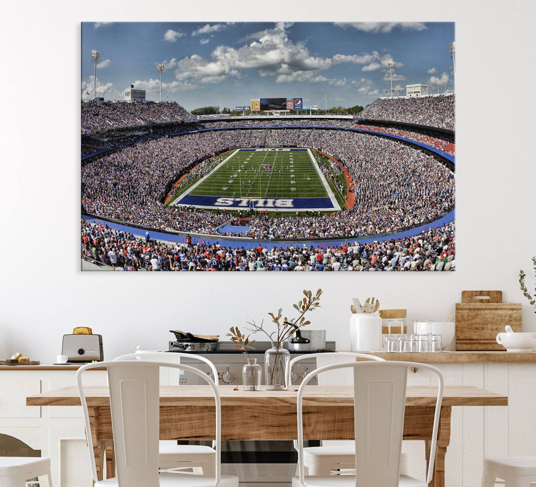 Our Buffalo Bills Game Day Canvas captures a vibrant scene at Highmark Stadium, with a lively crowd under a partly cloudy sky.