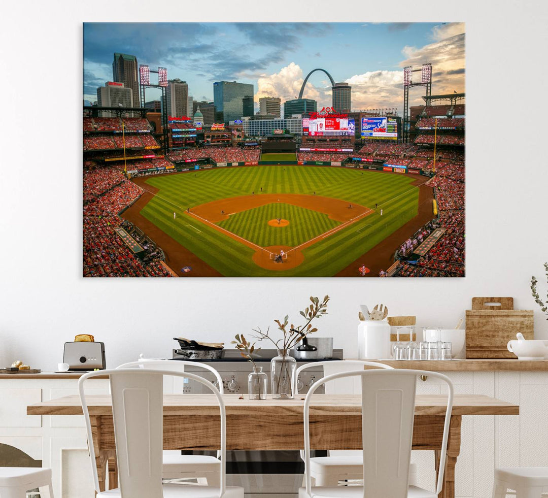 A Busch Stadium canvas print featuring a cityscape, ideal for enhancing living room or man cave sports decor.