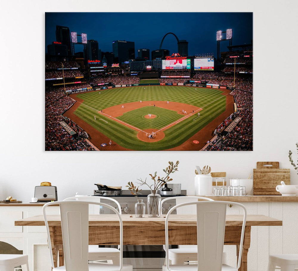 A St. Louis Cardinals Baseball Team print of Busch Stadium at night adorns the wall.