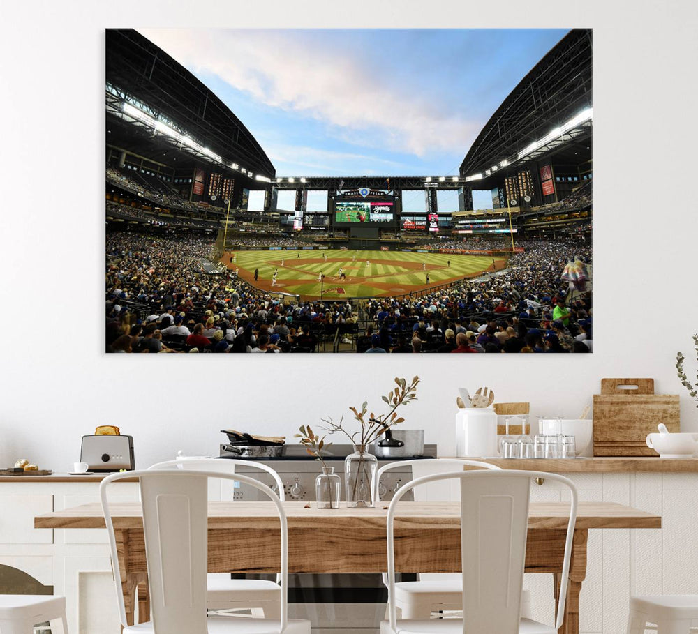 The wall art is an Arizona Diamondbacks Baseball Print depicting a packed Chase Field Stadium under a clear blue sky.