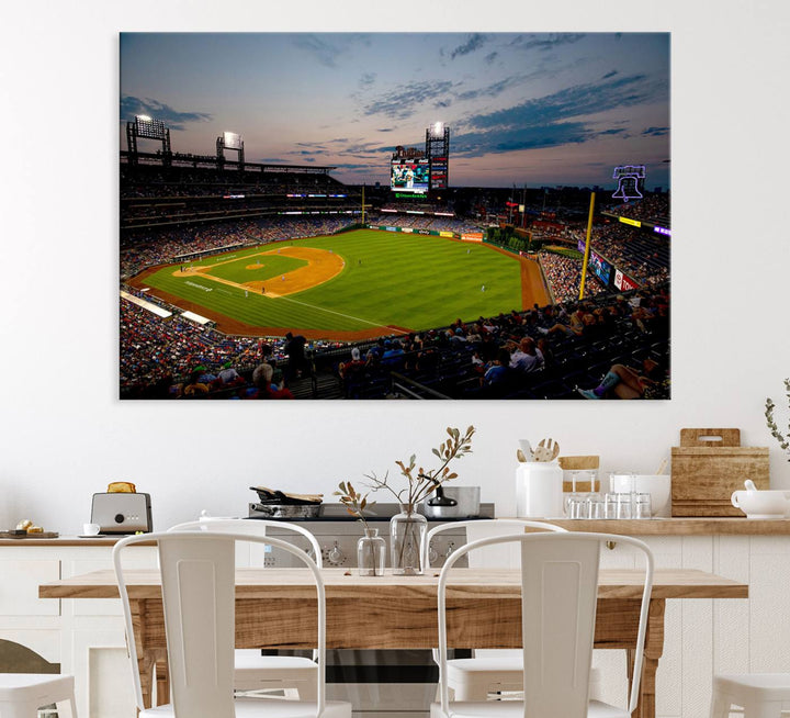 A wall art piece depicting the Philadelphia Phillies Citizens Bank Park Stadium at dusk.