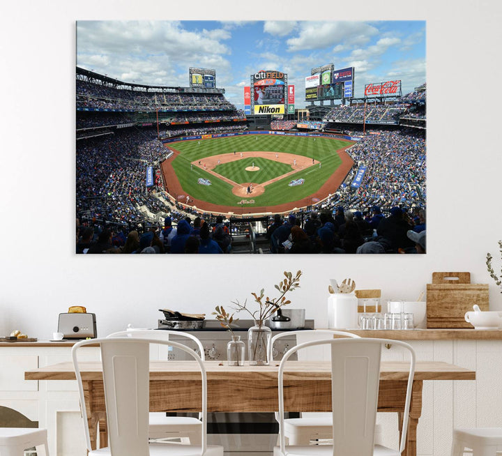 A wall art piece featuring a New York Mets Baseball Team print of Citi Field during a thrilling game under a blue sky.