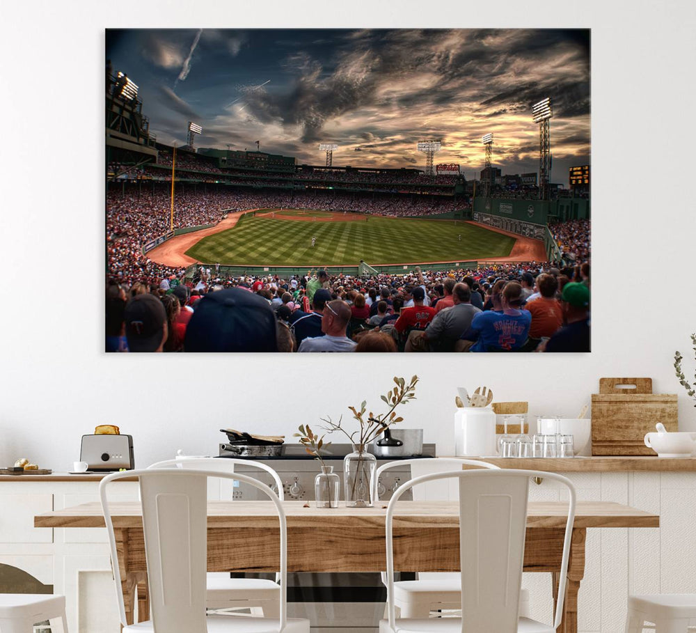 Boston Red Sox canvas print of Fenway Park at sunset, ideal for sports fans.