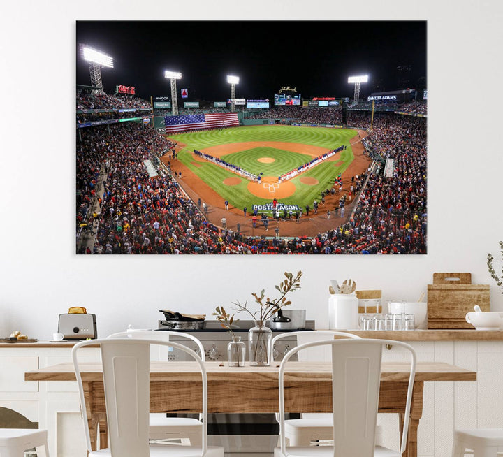 The Fenway Park Wall Art Canvas Print showcases a stunning aerial view of Bostons iconic ballpark at night, making it an ideal piece for any Red Sox enthusiast.