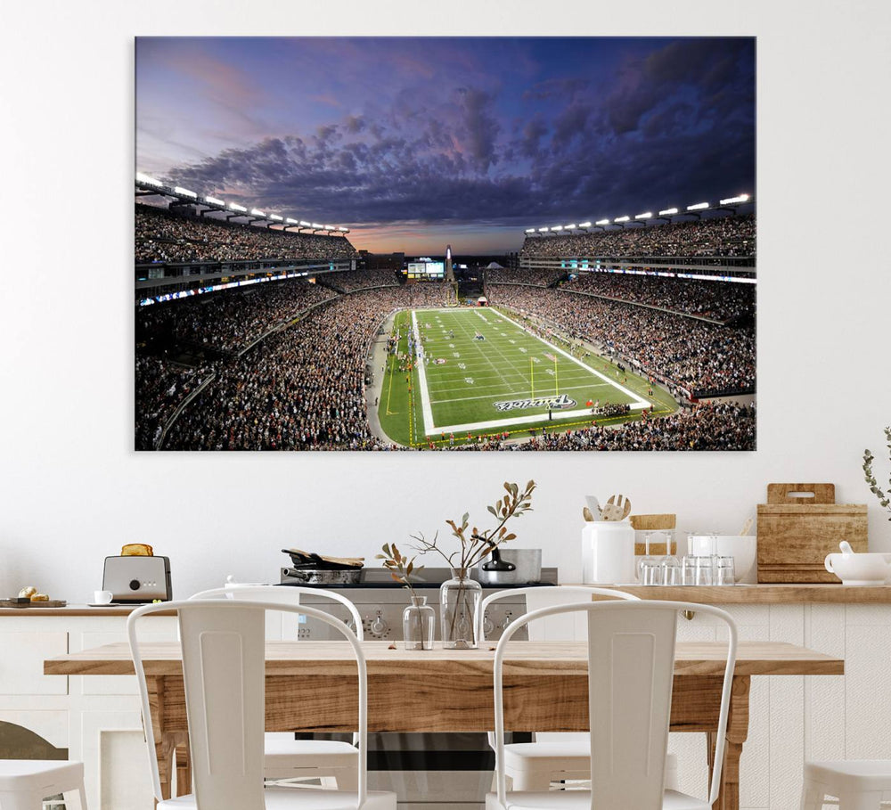 A large New England Patriots Foxborough Gillette Stadium wall art canvas print at sunset.