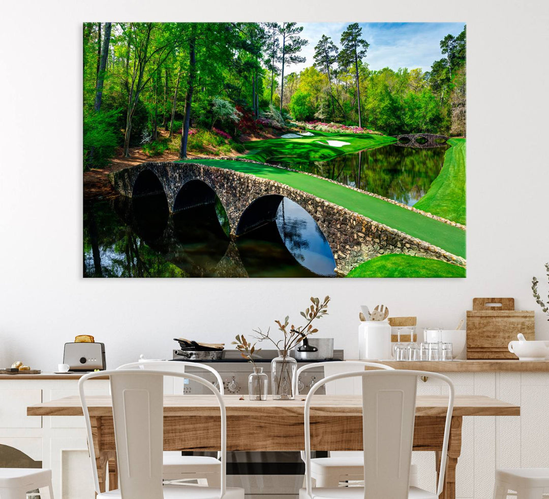 The wall art from Augusta National Golf Club showcases a panoramic bridge set against rich, lush greenery on a framed triptych canvas.