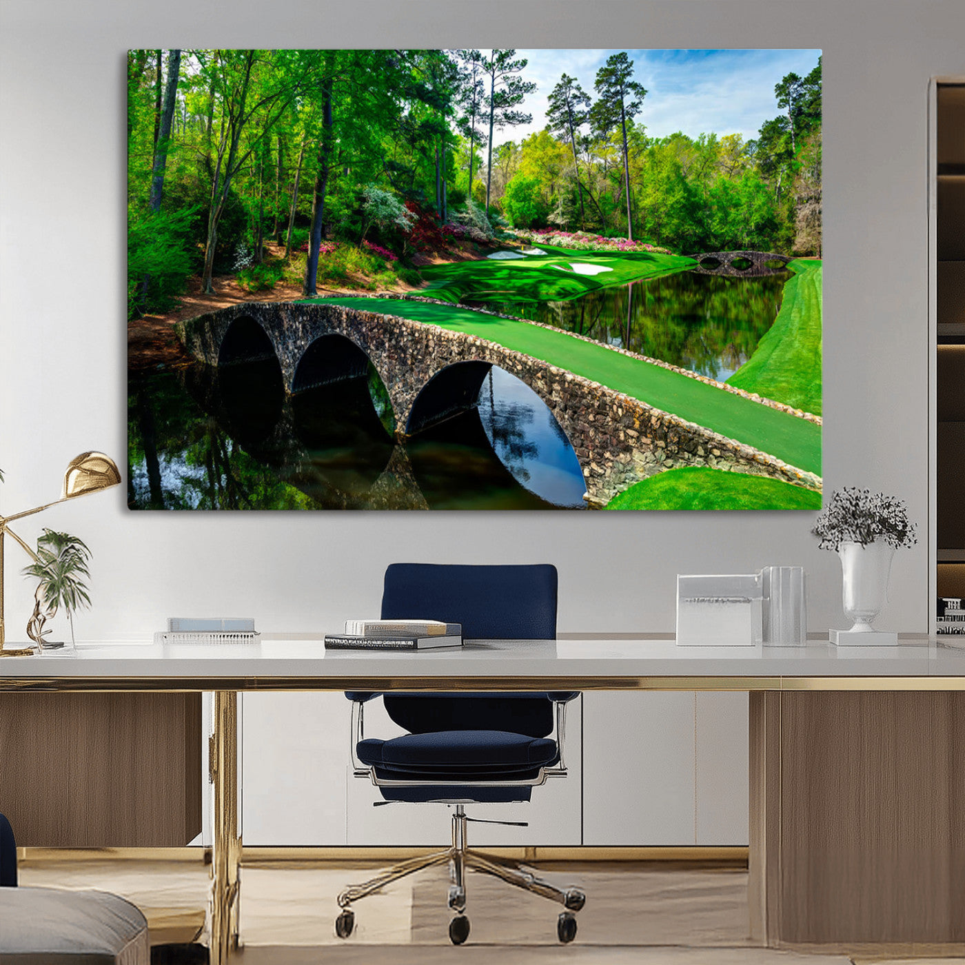 MGV-CV-36X24 - Augusta National Golf Club Wall Art - Panoramic Bridge & Lush Greenery – Premium Framed, Ready-to-Hang Triptych Canvas