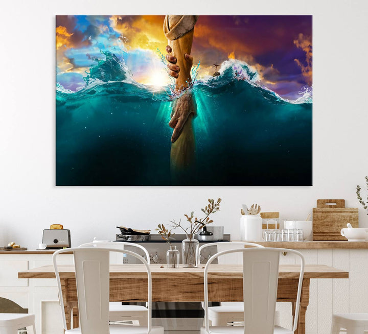 The God Hand Wall Art Canvas Print depicts hands reaching through water against a vibrant sky.