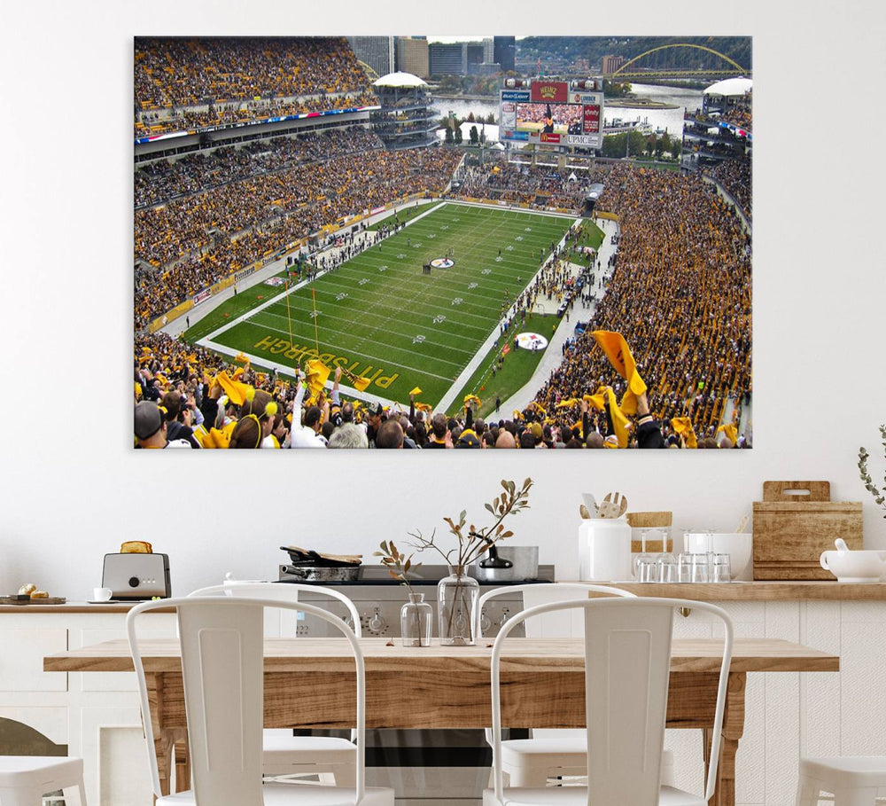 Heinz Field wall art and a cityscape serve as the backdrop.