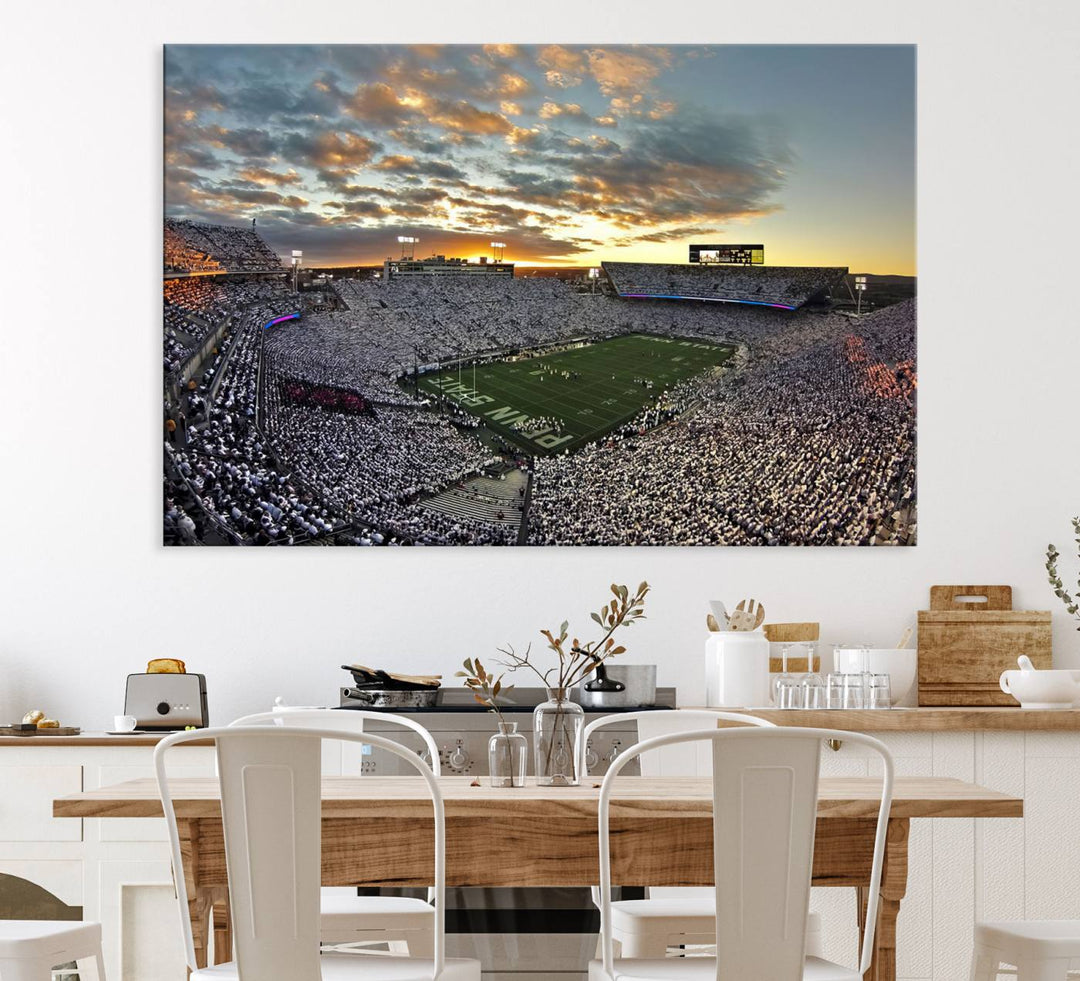 Enhance your dining area with team spirit by mounting the Beaver Stadium Wall Art, capturing sunsets in elegant style.