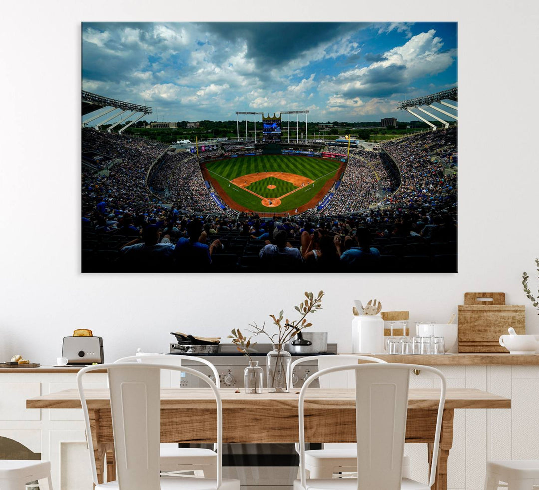 A 3-panel print of Kauffman Stadium, showcasing a crowded baseball field under cloudy skies.