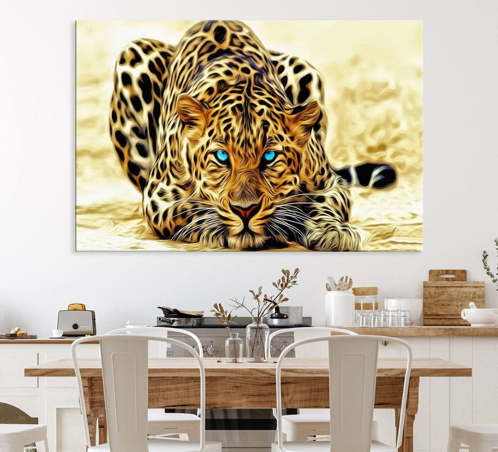 The Blue-Eyed Leopard Canvas Wall Art features a fierce and captivating design, perfect for wildlife enthusiasts. Its bold imagery makes it a striking decor piece, ready to hang.