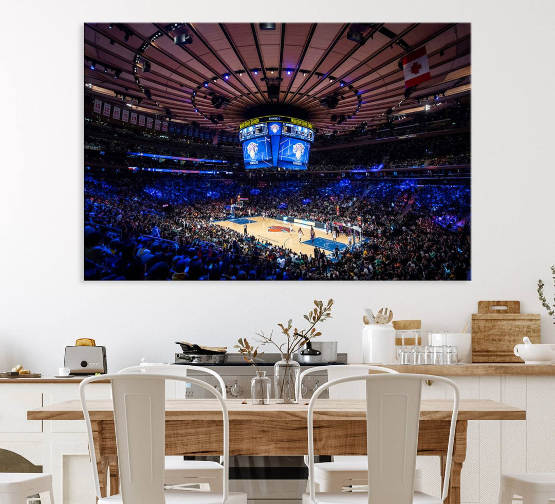 A print depicting an NBA game at Madison Square Garden, highlighting the scoreboard.