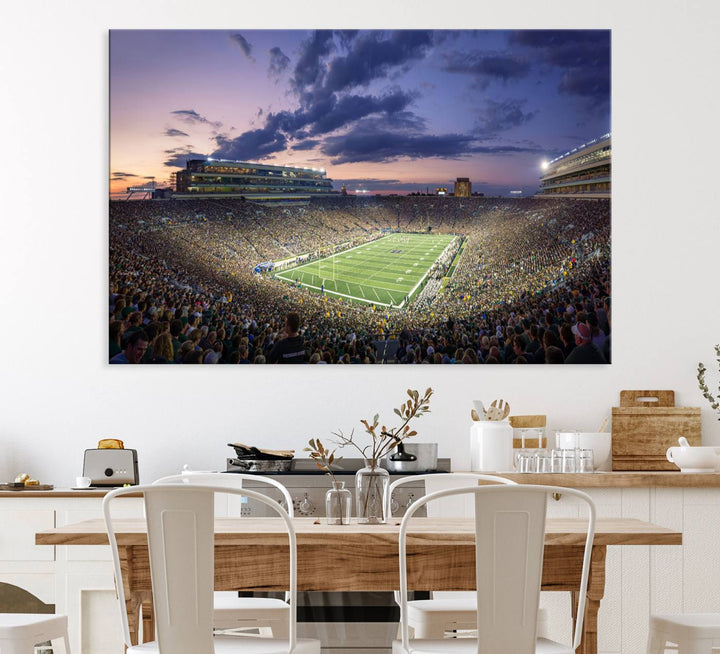 As the sun sets, a stunning backdrop highlights the Notre Dame Fighting Irish Football Team Print.