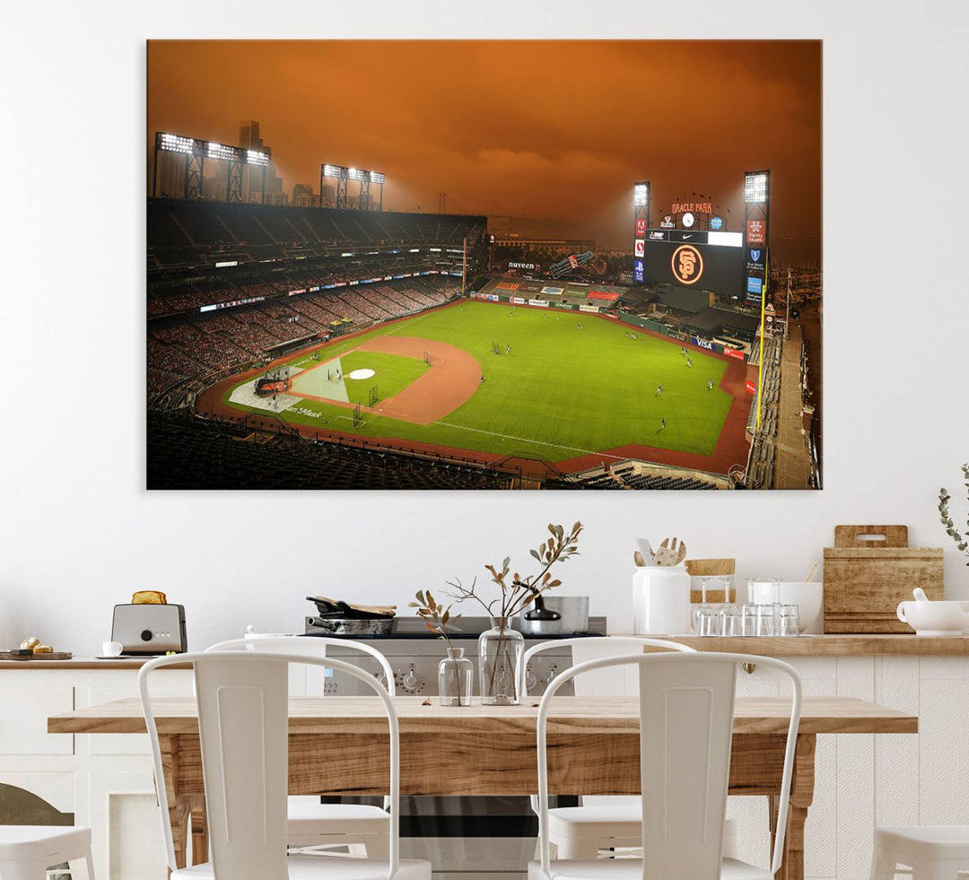 A canvas depicting an Oracle Park game with an orange sky, from SF Giants Stadium Wall Art.