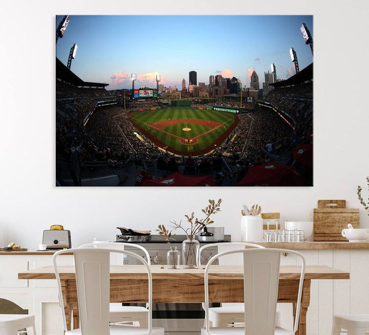 The PNC Park Evening Game Canvas, featuring a skyline backdrop, is displayed on the wall.