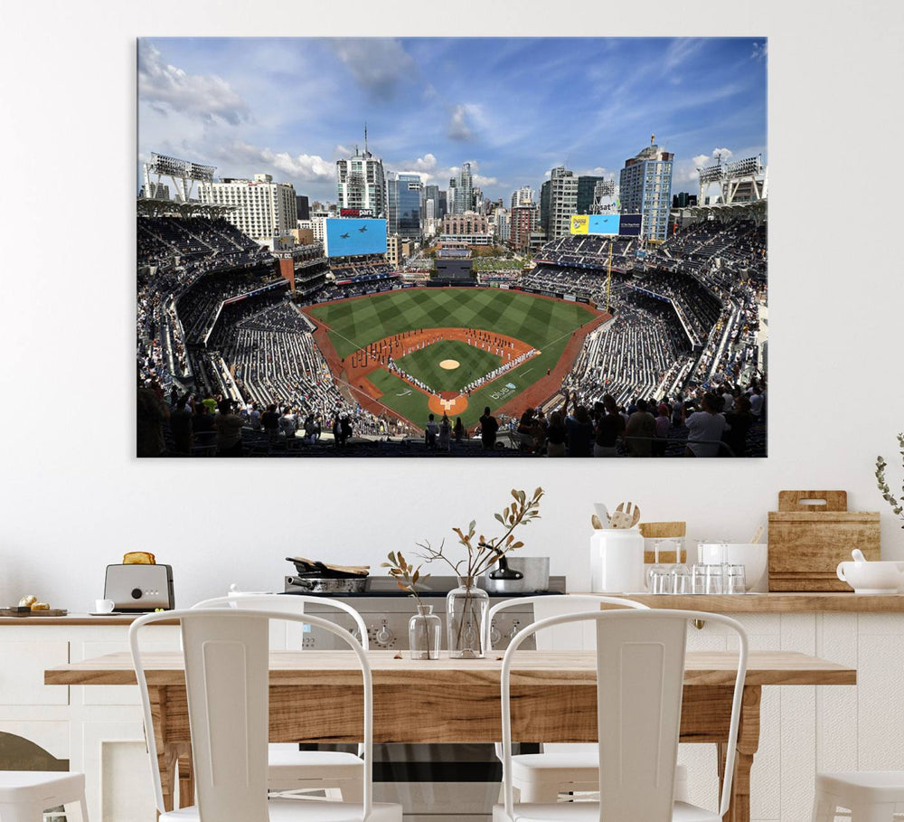 The San Diego Padres Baseball Canvas Print of Petco Park enhances the modern kitchen-dining area.