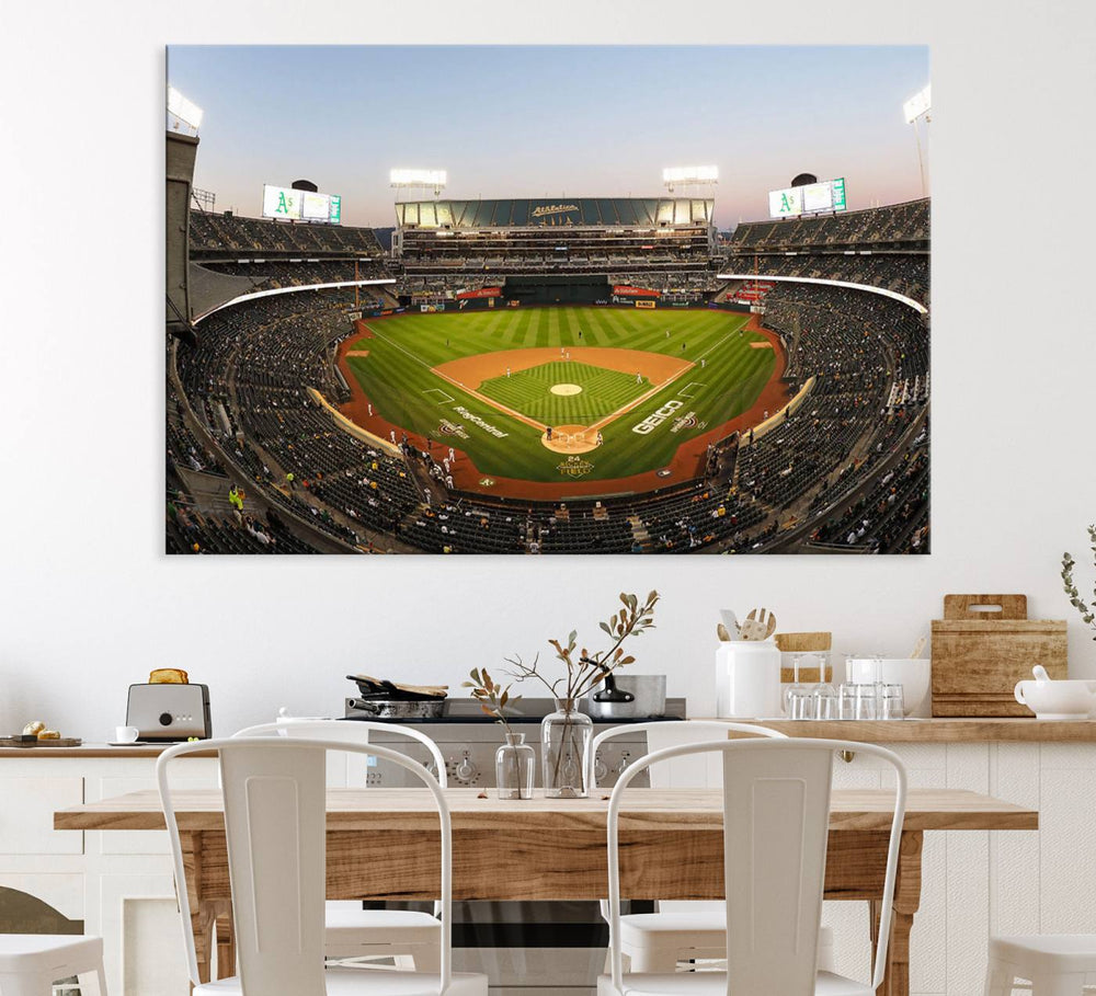 Oakland Athletics wall art canvas featuring the interior of RingCentral Coliseum Stadium.