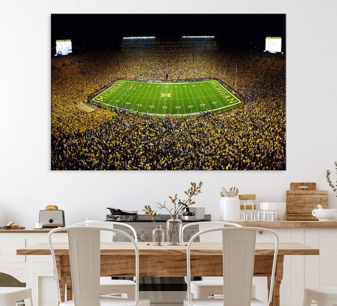 Aerial view of Michigan Stadium night game, ideal for Michigan Wolverines Football Team displayed on a triple canvas wall art.