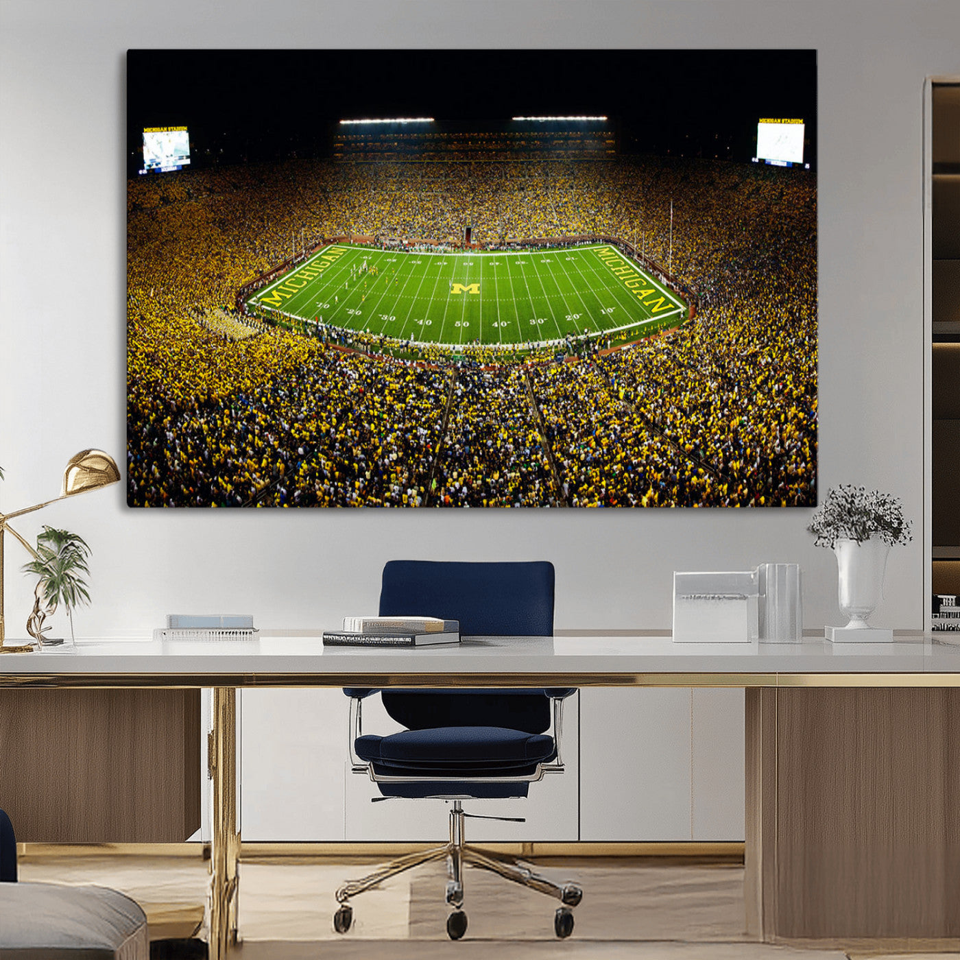 26166-MGV-CV-36X24-Stadium in Michigan Wall Art Canvas Print, Framed American Football Stadium Art Picture Print, Football Stadium Field Perfect Sports Room Decor Artwork