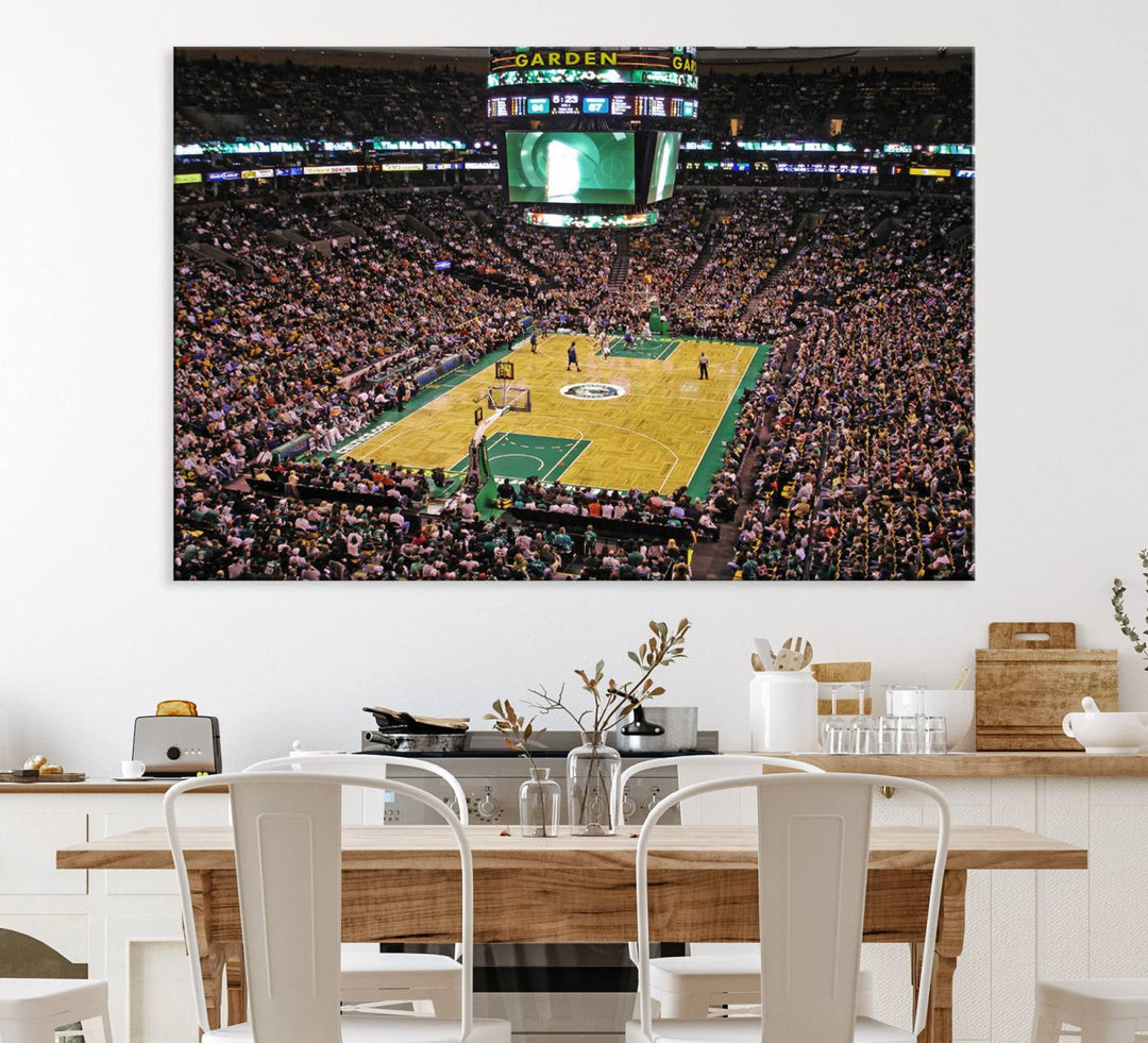 A vibrant depiction of a TD Garden basketball game is beautifully captured in the Boston Celtics Triple Canvas Wall Art, which comes framed and ready to hang.