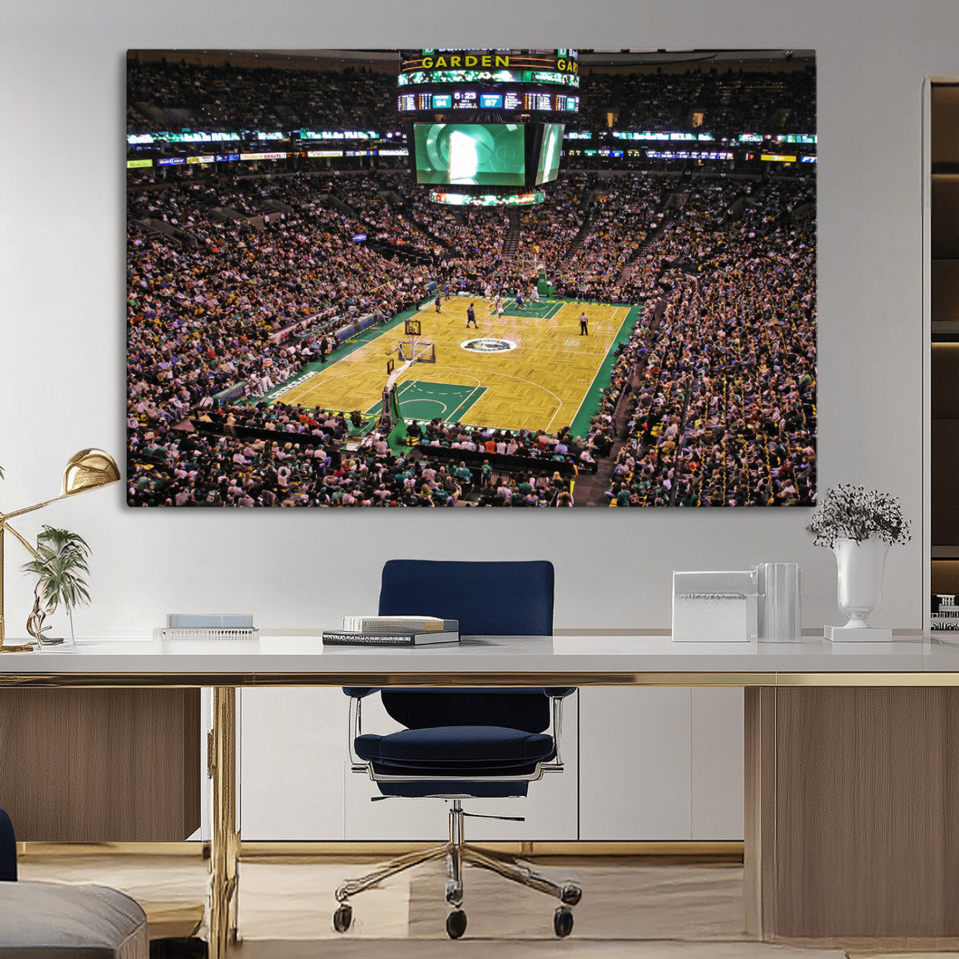 MGV-CV-36X24 - TD Garden Basketball Game Triple Canvas Wall Art - Boston Celtics Live Action - Framed - Ready to Hang