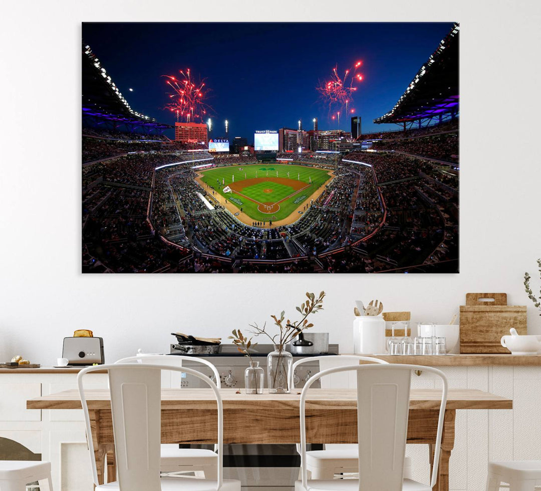 Truist Park wall art: fireworks over a Braves crowd, a large 3-panel canvas, framed and ready-to-hang.