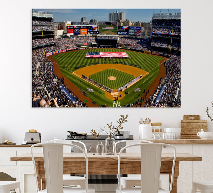 The Yankee Stadium New York wall art print features a vibrant scene of baseball fans with a large flag and players, expertly capturing the spirit of the game. This ready-to-hang décor is perfect for adding a dynamic touch to any space.