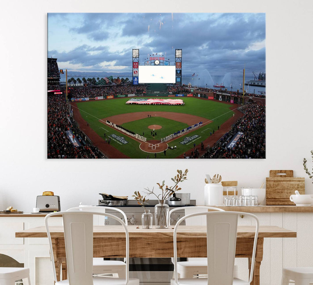 This framed 3-panel canvas MLB wall art features a giant flag and fans under a cloudy sky at Oracle Park.