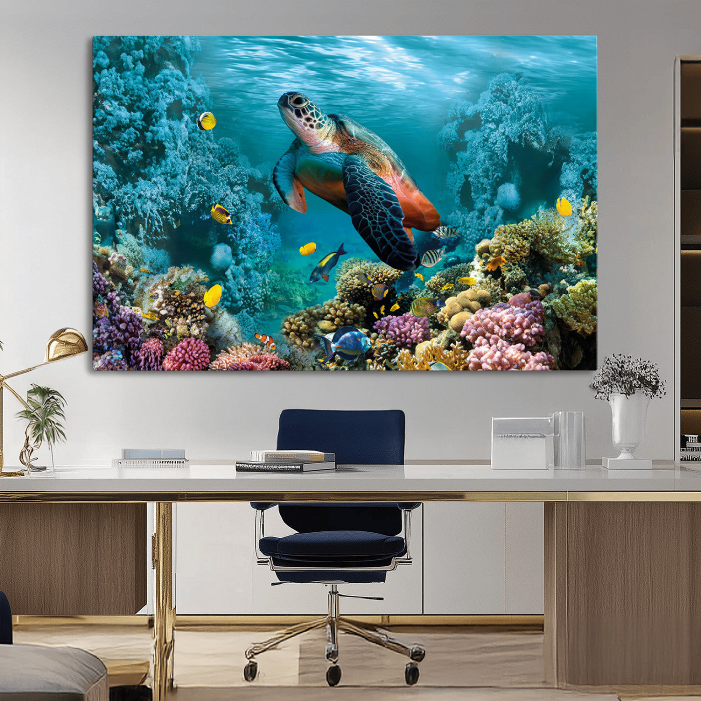 MGV-CV-36X24 - Sea Turtle and Coral Reef Triptych Wall Art – Vibrant Underwater Scene Canvas Set for Ocean Lovers and Coastal Decor – Ready to Hang 3-Panel Artwork