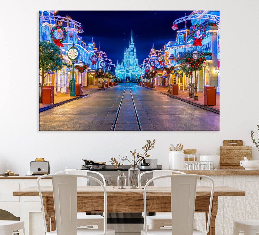 Disney wall art featuring a fantasy castle street at night.