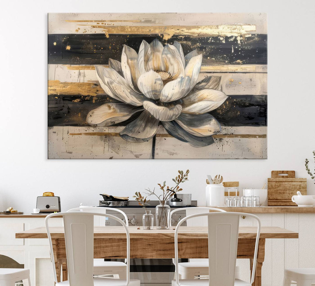 The wall is adorned with an Abstract Lotus Flower Wall Art Canvas Print.