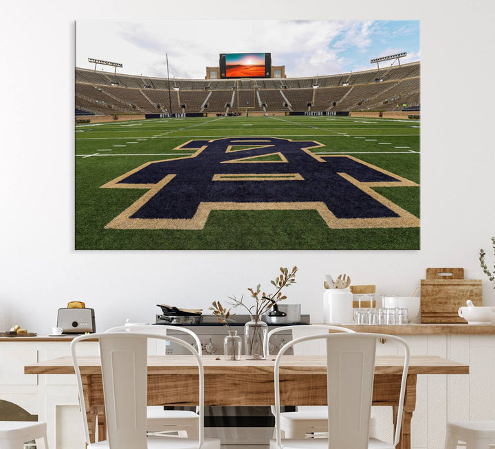 Notre Dame Stadium Triptych: This ready-to-hang giclee canvas print features a vibrant depiction of the football field adorned with an A logo and a stunning sunset.