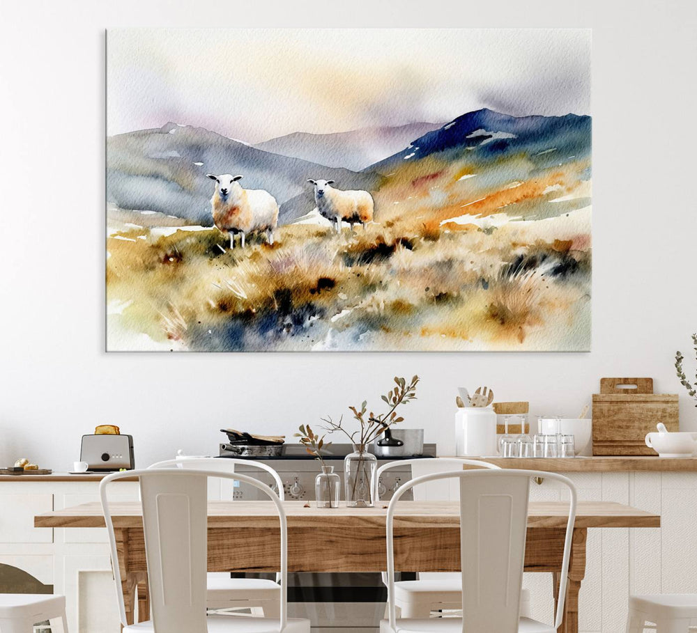 The farmhouse kitchen features a Mountain Wall Art Canvas Print of Sheep in a Hilly Landscape.