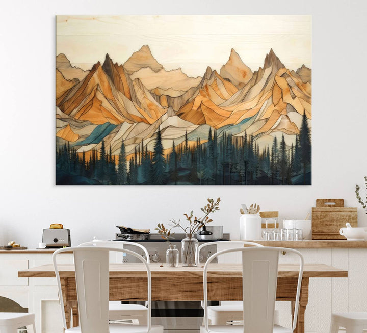 A triptych giclee print of mountains decorates the wall above the counter.