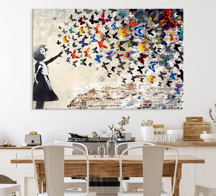 Banksy Canvas: Girl Releasing Vibrant Butterflies, Ready to Hang.