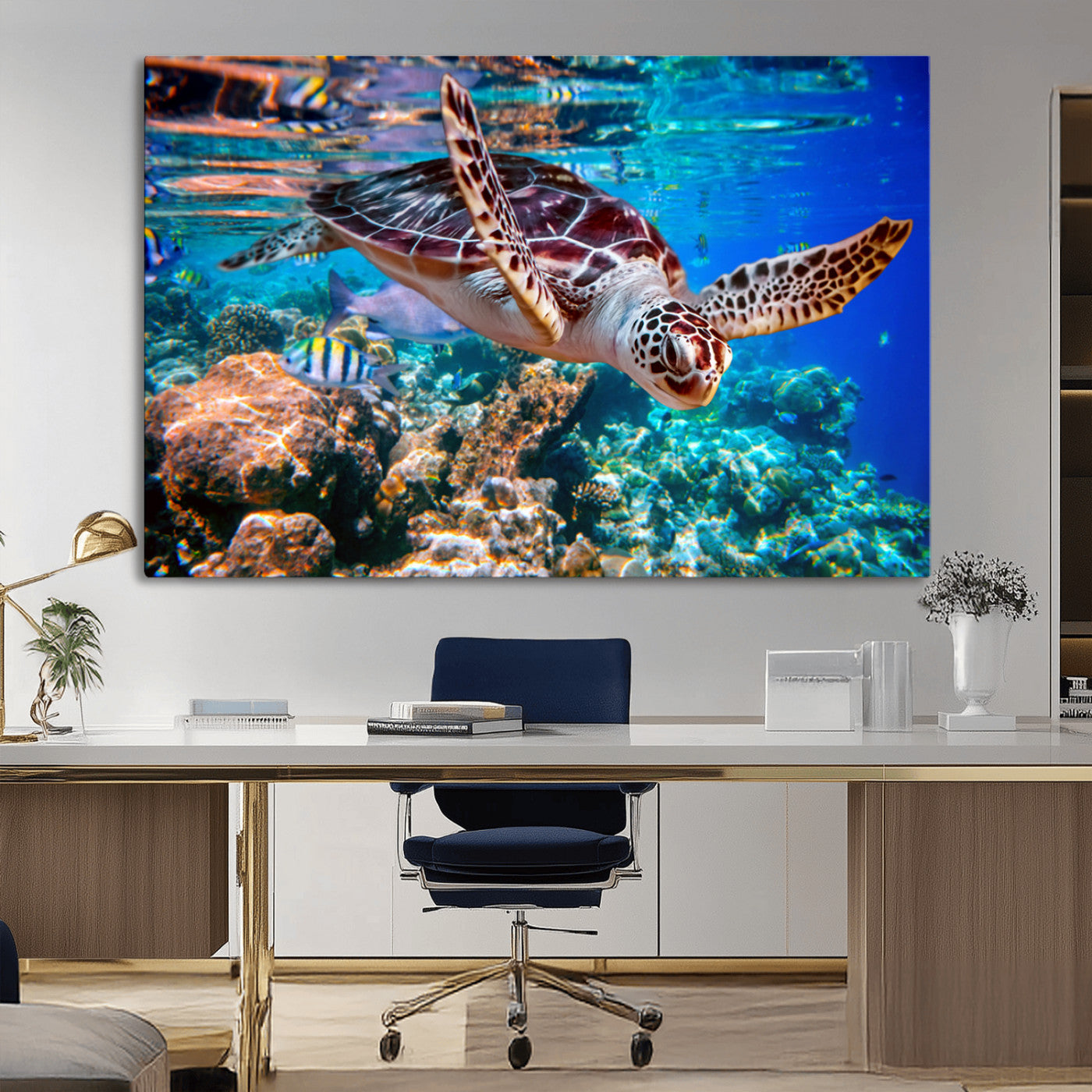 MGV-CV-36X24 - Underwater Coral Reef Sea Turtle Wall Art Canvas Print, Vibrant Marine Life | Colorful Ocean Scene