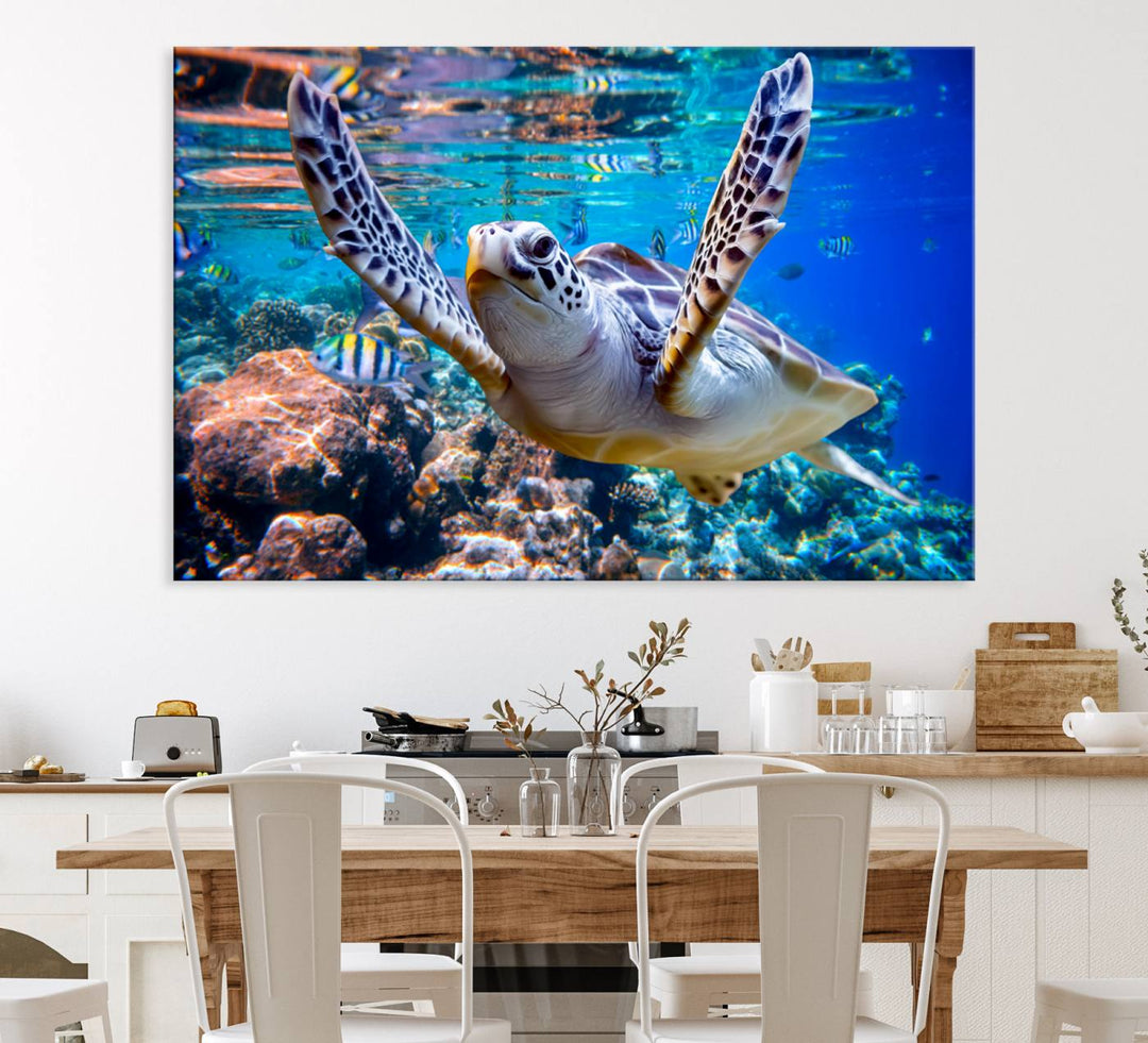 The Underwater Sea Turtle Wall Art Canvas Print serves as vibrant ocean décor, enhancing the kitchen with its stunning depiction.