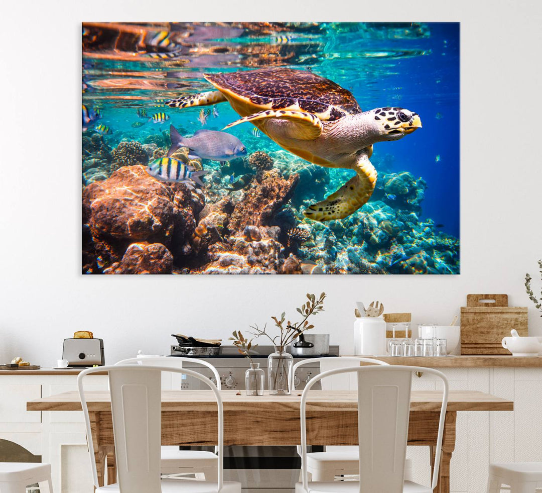 A Sea Turtle Wall Art Canvas Print features a colorful turtle swimming among coral. This artwork is ready to hang.