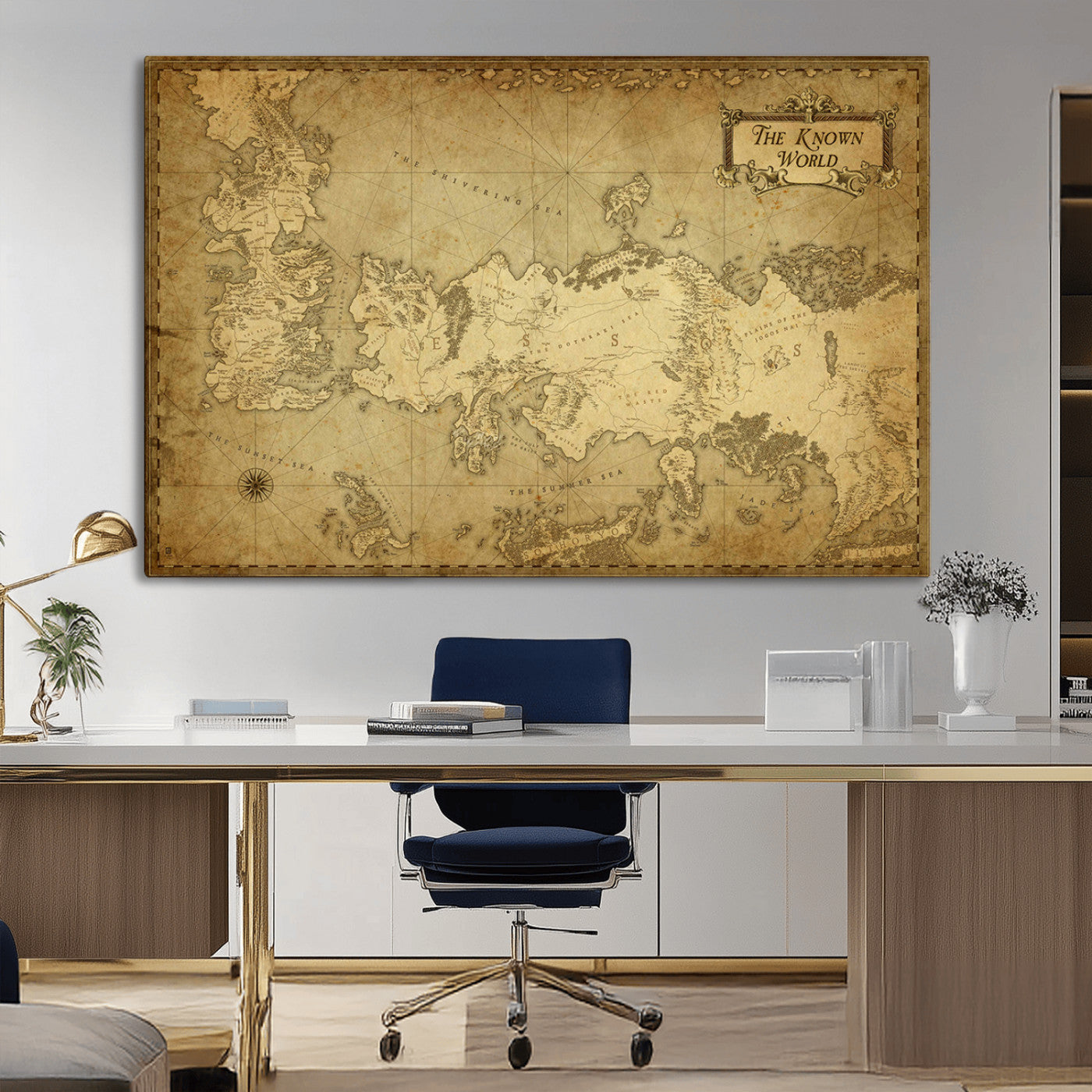MGV-CV-36X24 - Vintage Game of Thrones Map Wall Art | Westeros and Essos Antique Style Print | The Known World in Triptych Canvas | Giclee Canvas for Fantasy Lovers