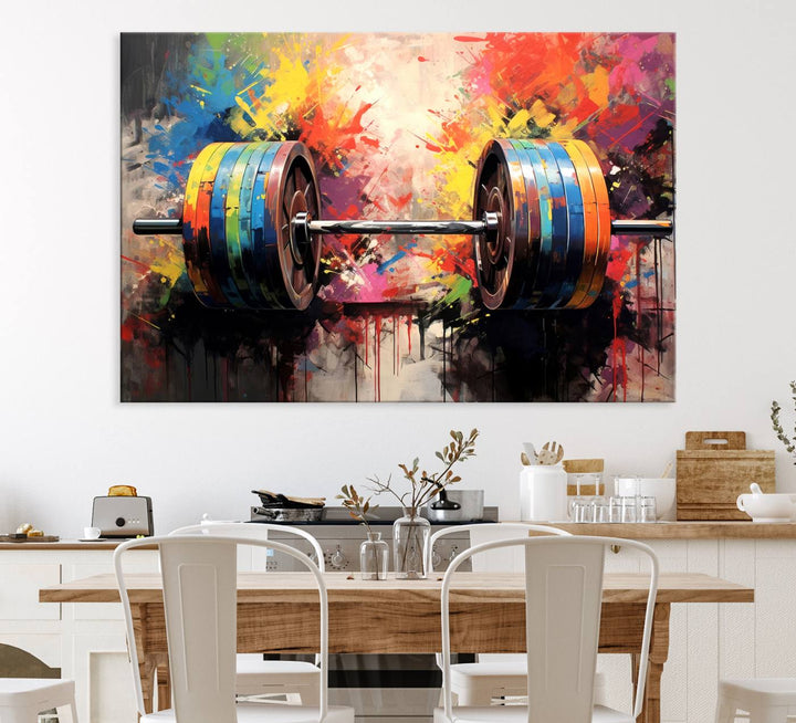 The Weightlifting Barbell Art Triptych hangs prominently on the wall.